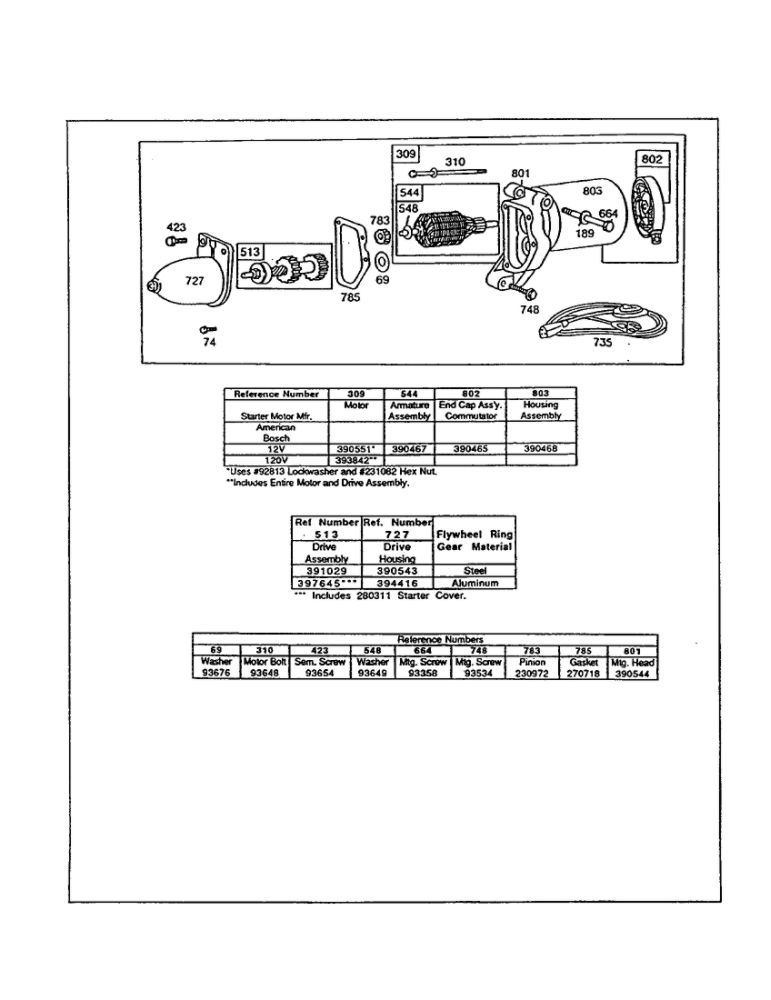 Motor-Starter Diagram and Parts List for 130200-130299 1535-1543 Briggs and Stratton Engine